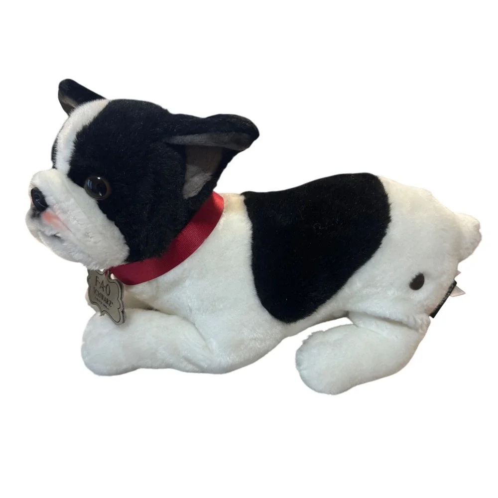 FAO Schwarz French Bulldog Plush Stuffed Animal Black White Dog Toy